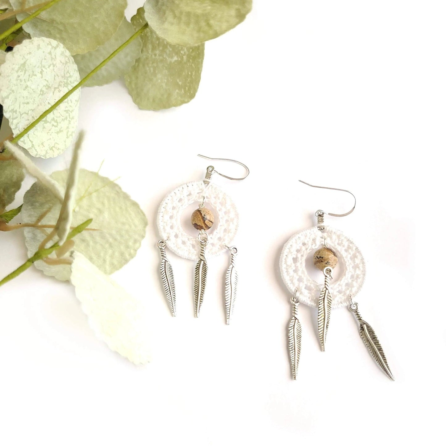 Picture Jasper Dangle Earrings with feathers-4